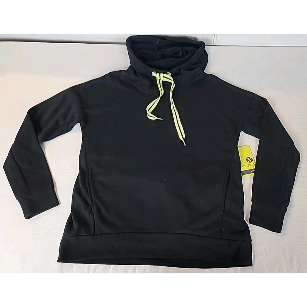 Xersion Women Hoodie Sweatshirt Sz M Black Mint Green Trim Pullover Pockets